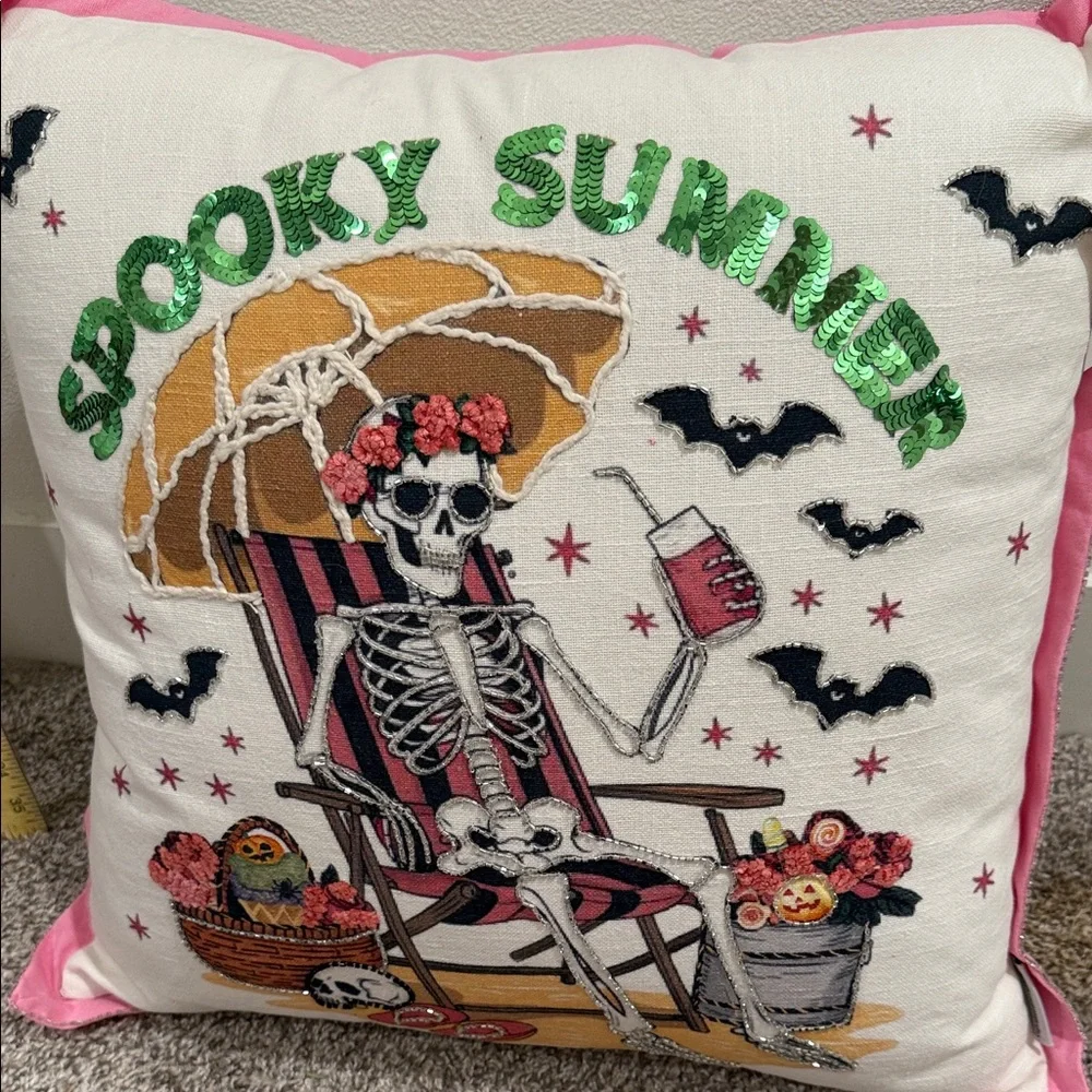 Cupcakes & Cashmere Skeleton Holiday Pillow - Pink and White